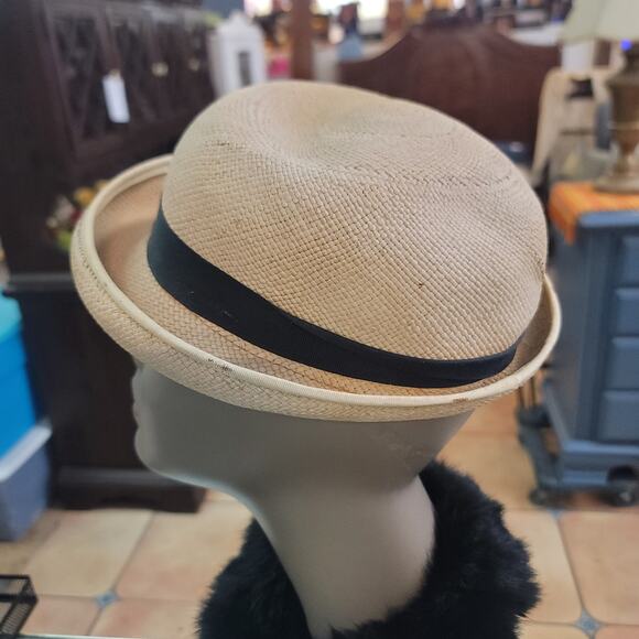 Imported Genuine Panama straw Vintage ladies HAT 40\'s 50\'s Breton roller ribbon